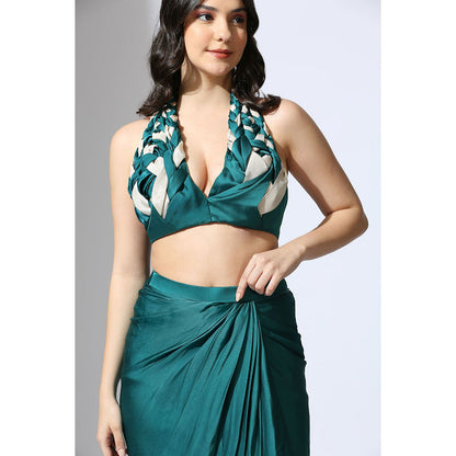 Masumi Mewawalla Teal Green and Color Block Blouse with Drape Skirt (Set of 2)