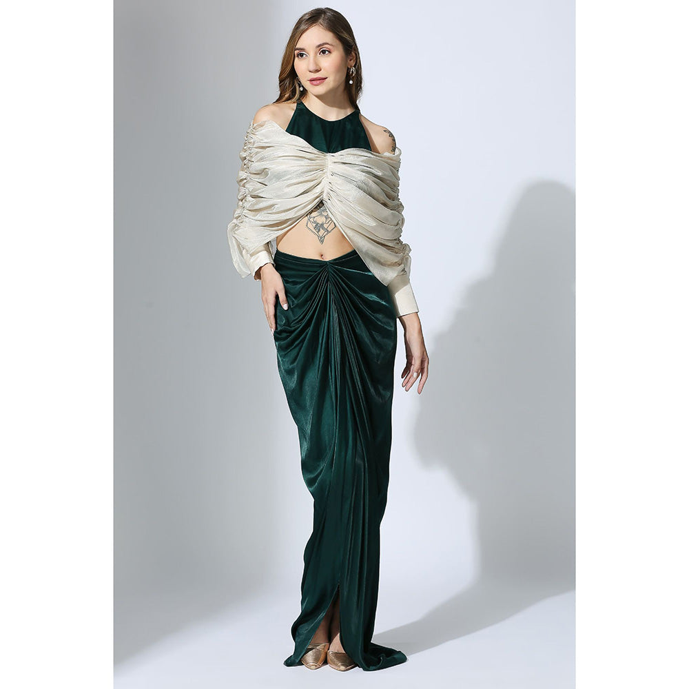 Masumi Mewawalla Bottle Green Drape Skirt with Tissue Blouse (Set of 2)
