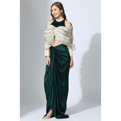 Masumi Mewawalla Bottle Green Drape Skirt with Tissue Blouse (Set of 2)
