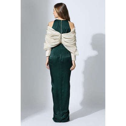Masumi Mewawalla Bottle Green Drape Skirt with Tissue Blouse (Set of 2)
