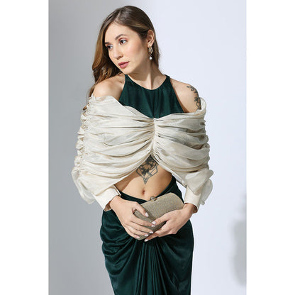 Masumi Mewawalla Bottle Green Drape Skirt with Tissue Blouse (Set of 2)