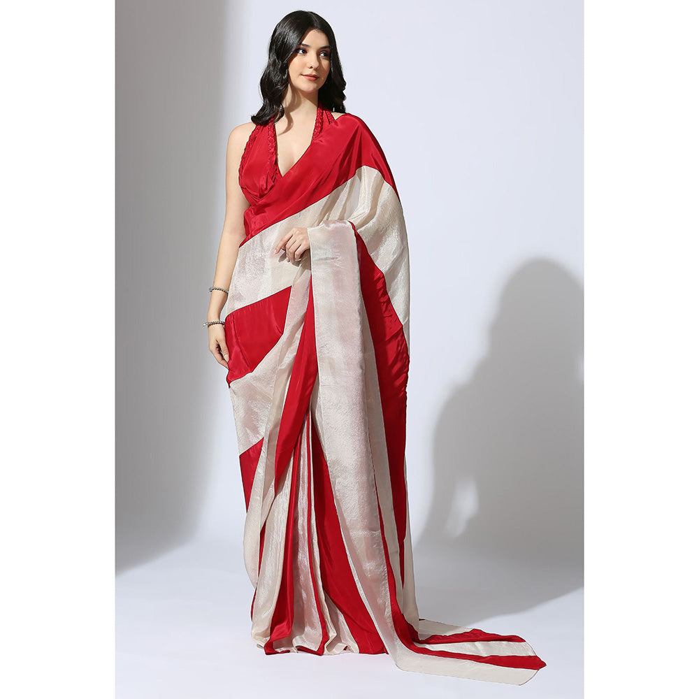 Masumi Mewawalla Pre Draped Red and Beige Color Block Saree with Red Stitched Blouse
