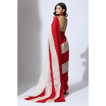 Masumi Mewawalla Pre Draped Red and Beige Color Block Saree with Red Stitched Blouse