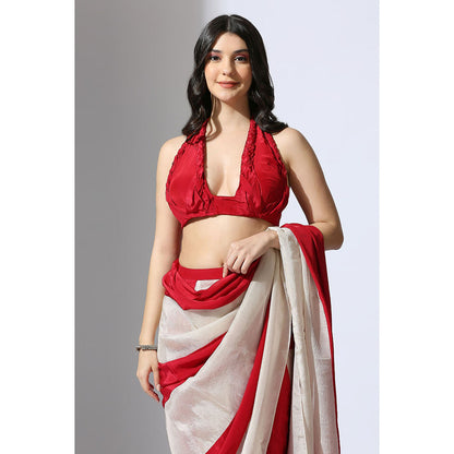 Masumi Mewawalla Pre Draped Red and Beige Color Block Saree with Red Stitched Blouse
