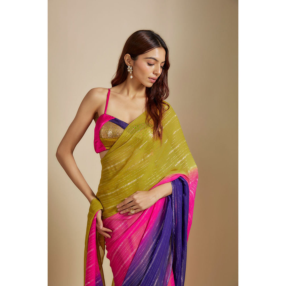 Masumi Mewawalla Multi-Colour Ombre Embroidered Saree with Stitched Blouse