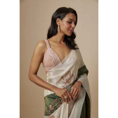 Masumi Mewawalla Green Colour Block Embroidered Saree with Stitched Blouse