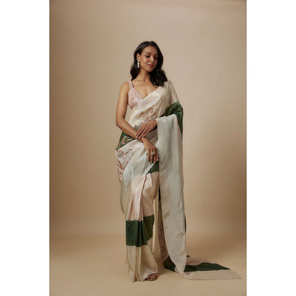 Masumi Mewawalla Green Colour Block Embroidered Saree with Stitched Blouse