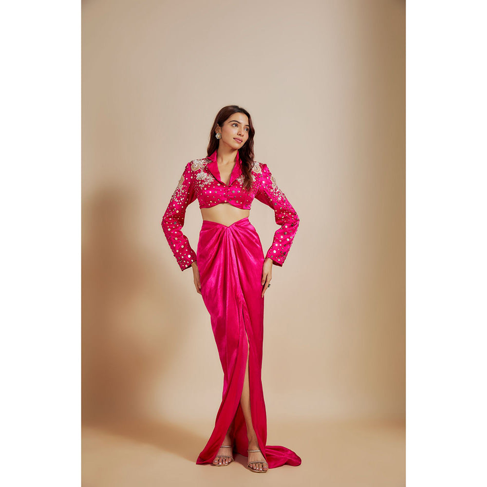 Masumi Mewawalla Hot Pink Embroidered Crop Top with Drape Skirt (Set of 2)