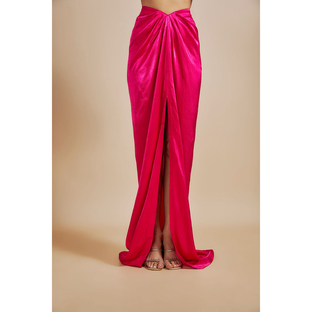 Masumi Mewawalla Hot Pink Embroidered Crop Top with Drape Skirt (Set of 2)