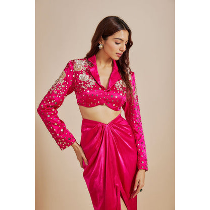 Masumi Mewawalla Hot Pink Embroidered Crop Top with Drape Skirt (Set of 2)