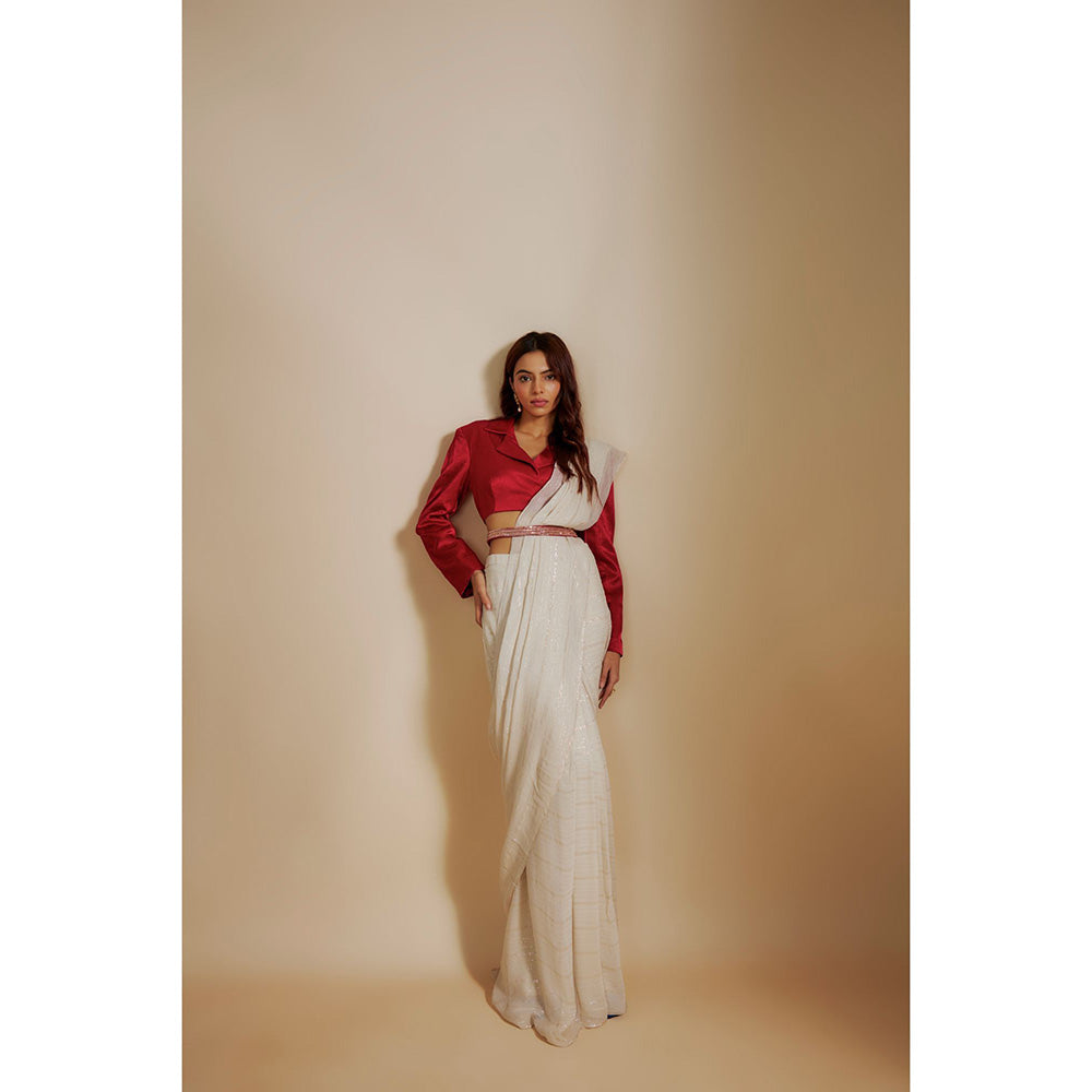 Masumi Mewawalla Red Saree and Embroidered Belt with Stitched Blouse