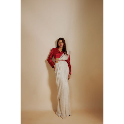 Masumi Mewawalla Red Saree and Embroidered Belt with Stitched Blouse