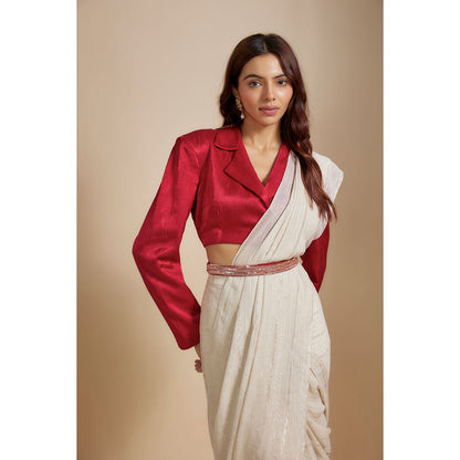 Masumi Mewawalla Red Saree and Embroidered Belt with Stitched Blouse