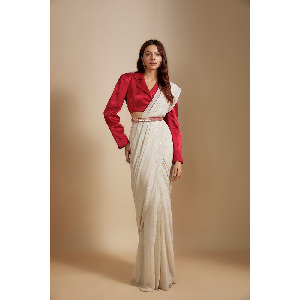 Masumi Mewawalla Red Saree and Embroidered Belt with Stitched Blouse