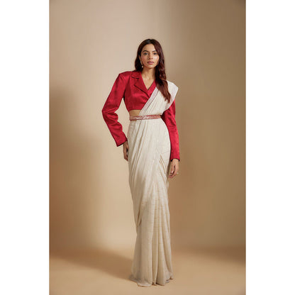 Masumi Mewawalla Red Saree and Embroidered Belt with Stitched Blouse