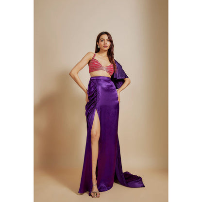 Masumi Mewawalla Purple Embroidered Skirt with Blouse and Drape (Set of 3)