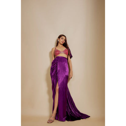 Masumi Mewawalla Purple Embroidered Skirt with Blouse and Drape (Set of 3)