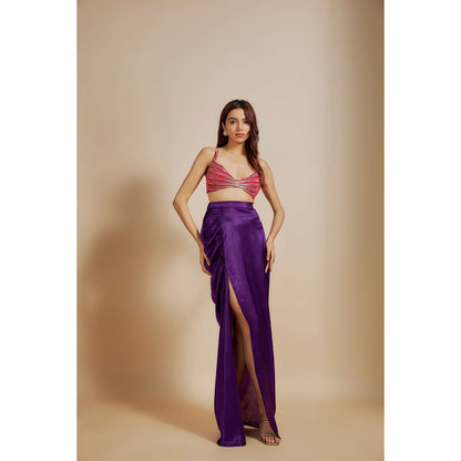 Masumi Mewawalla Purple Embroidered Skirt with Blouse and Drape (Set of 3)