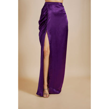 Masumi Mewawalla Purple Embroidered Skirt with Blouse and Drape (Set of 3)