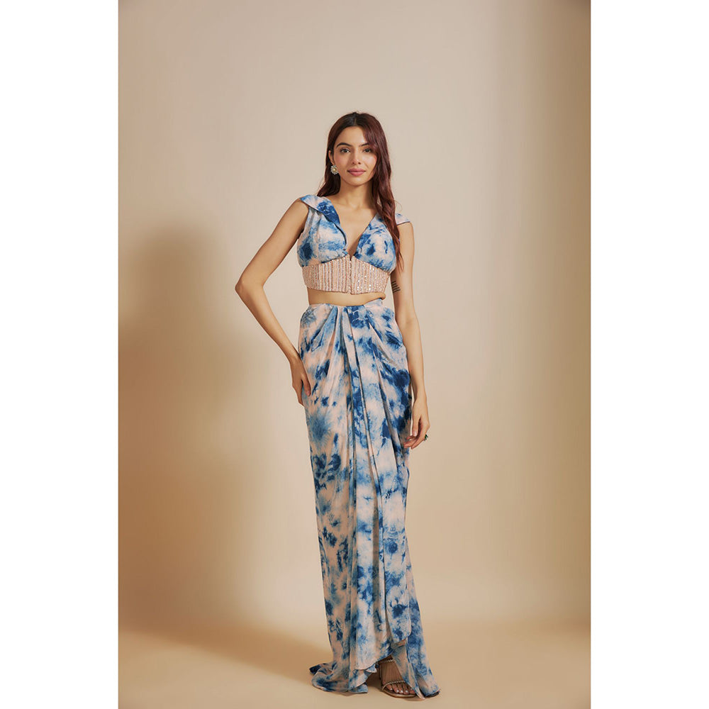 Masumi Mewawalla Blue Shibori Embroidered Vest Coat Top with Skirt (Set of 2)