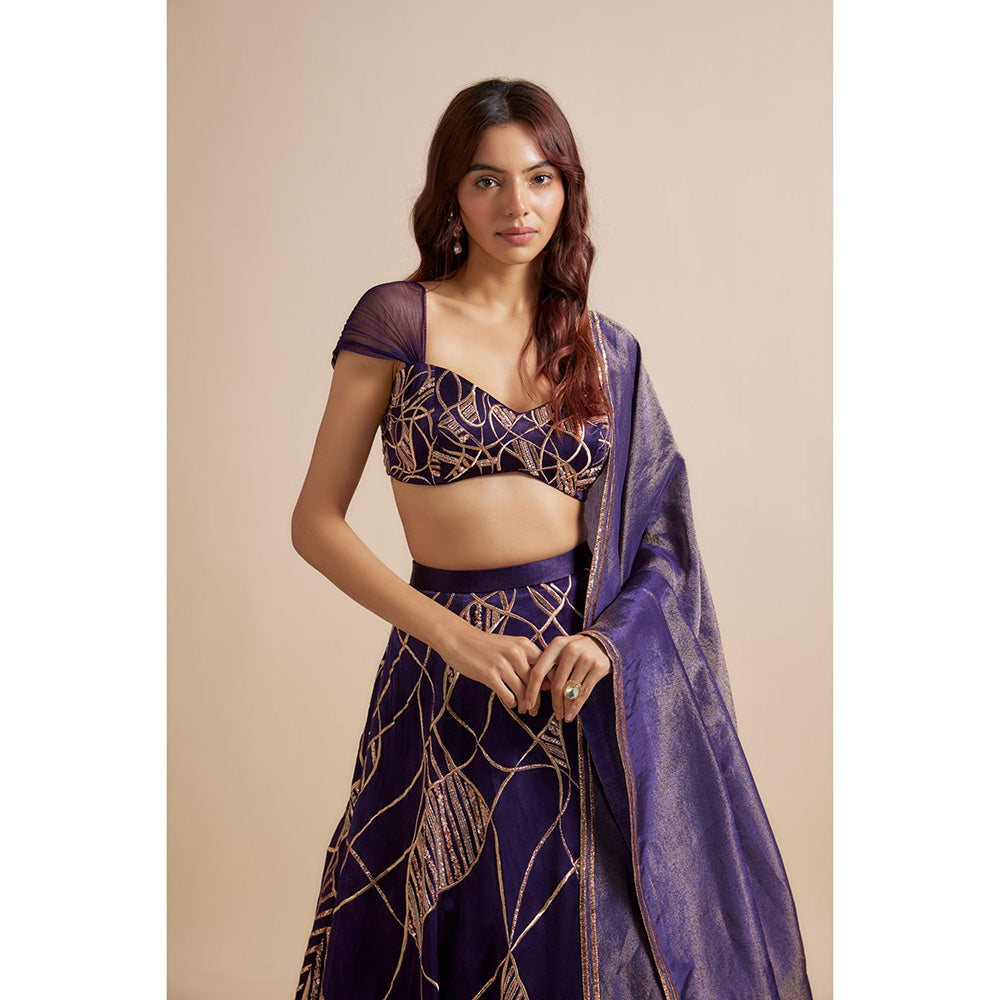 Masumi Mewawalla Deep Purple Embroidered Lehenga with Blouse and Dupatta (Set of 3)