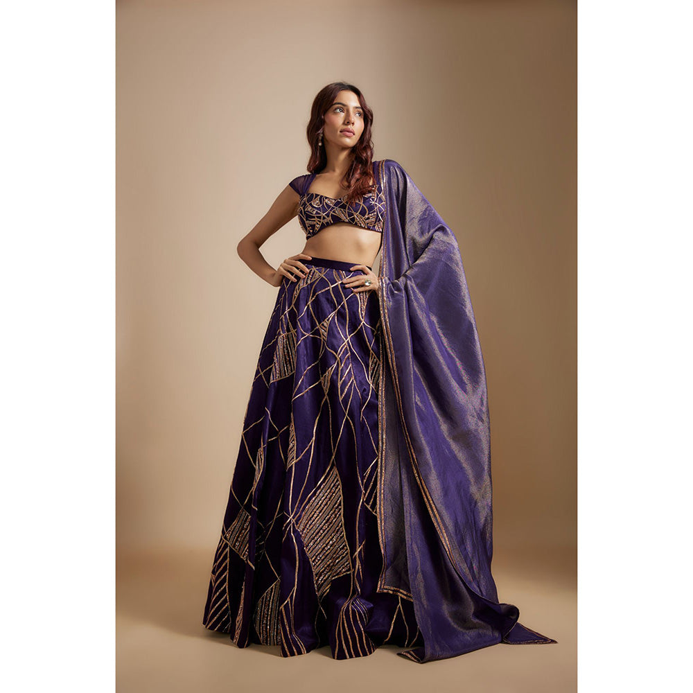 Masumi Mewawalla Deep Purple Embroidered Lehenga with Blouse and Dupatta (Set of 3)