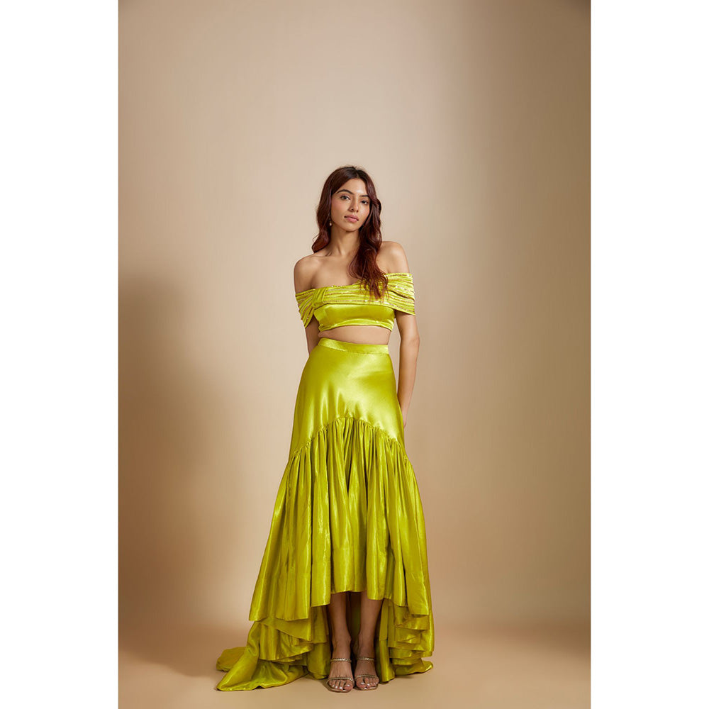 Masumi Mewawalla Neon Green Skirt with Crop Top (Set of 2)