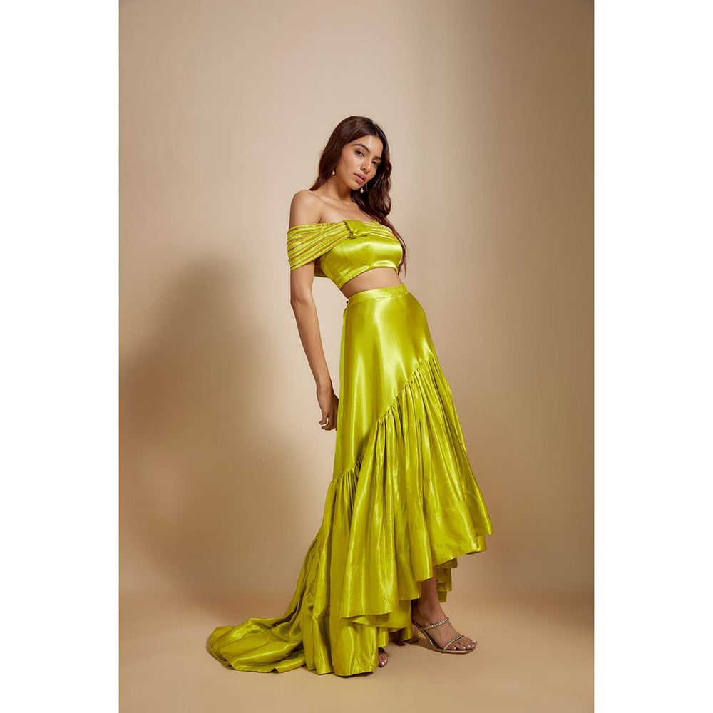 Masumi Mewawalla Neon Green Skirt with Crop Top (Set of 2)