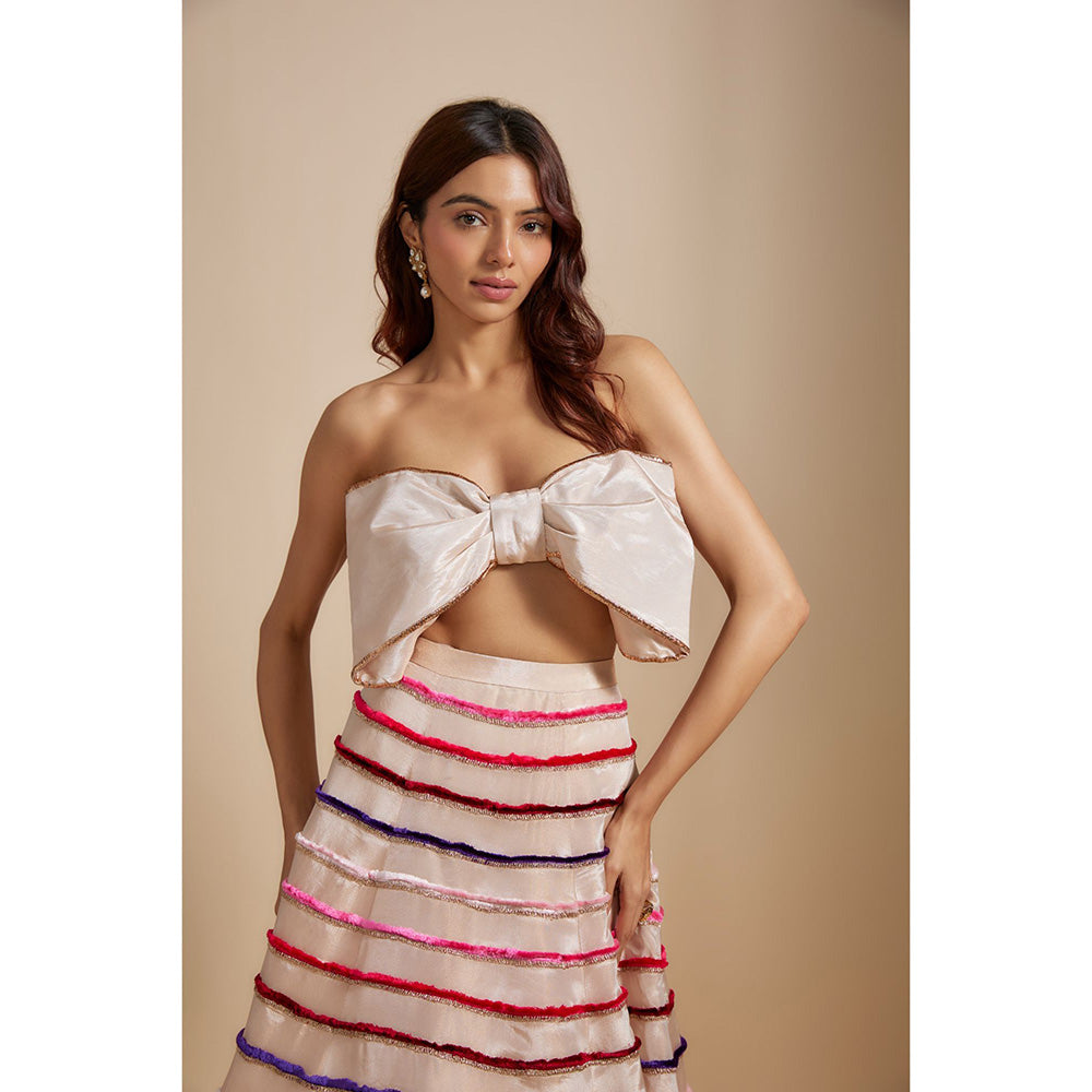 Masumi Mewawalla Pink Embroidered Lehenga with Bow Bustier (Set of 2)