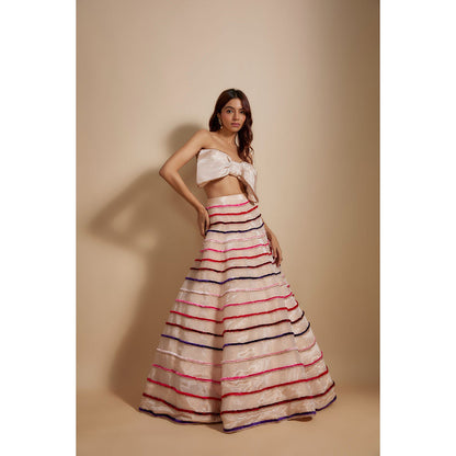 Masumi Mewawalla Pink Embroidered Lehenga with Bow Bustier (Set of 2)