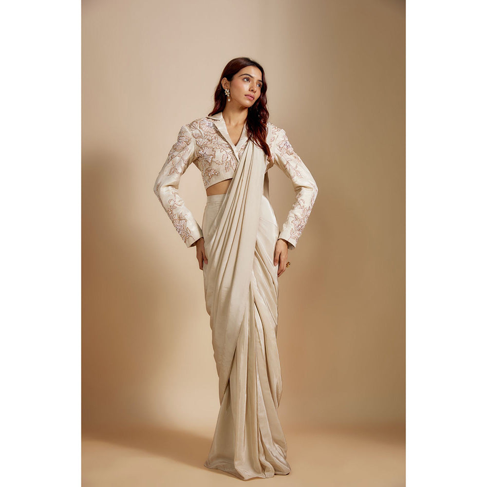 Masumi Mewawalla Beige Embroidered Pre Drape Saree with Stitched Blouse