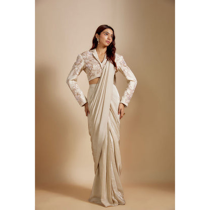 Masumi Mewawalla Beige Embroidered Pre Drape Saree with Stitched Blouse