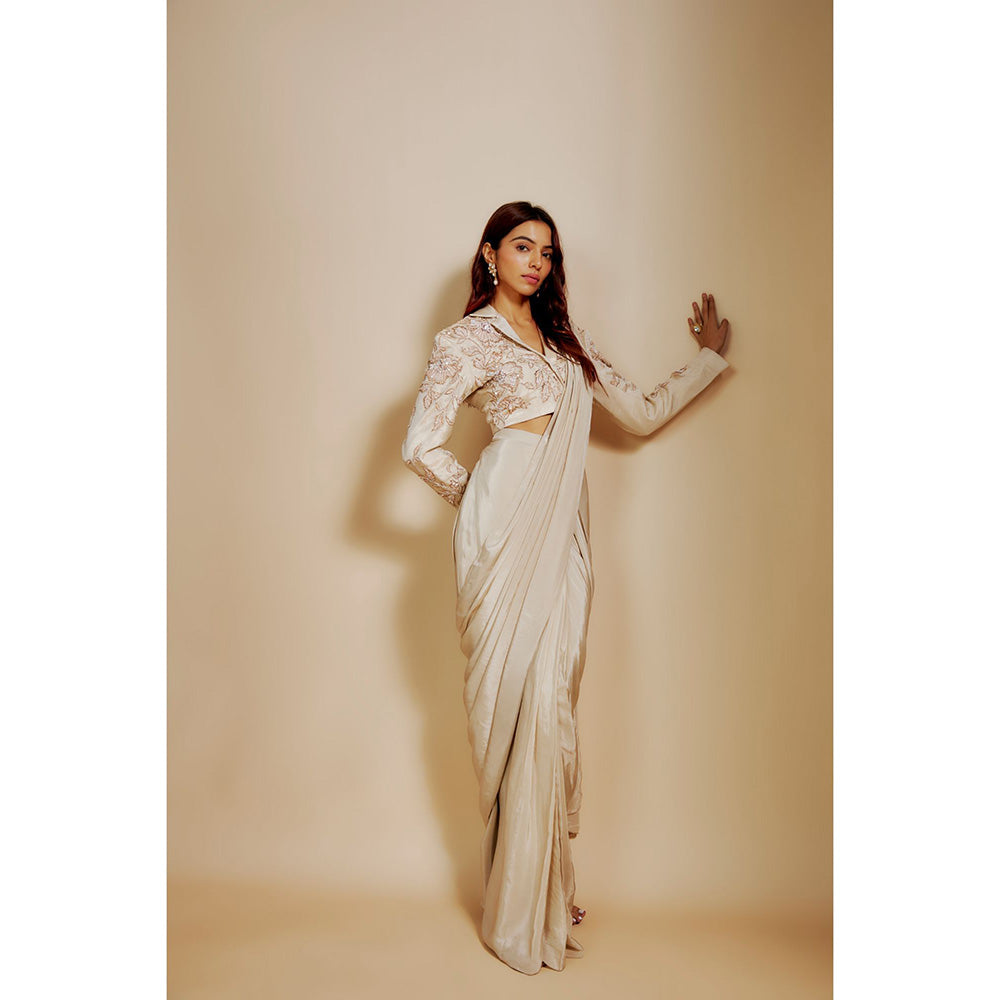 Masumi Mewawalla Beige Embroidered Pre Drape Saree with Stitched Blouse