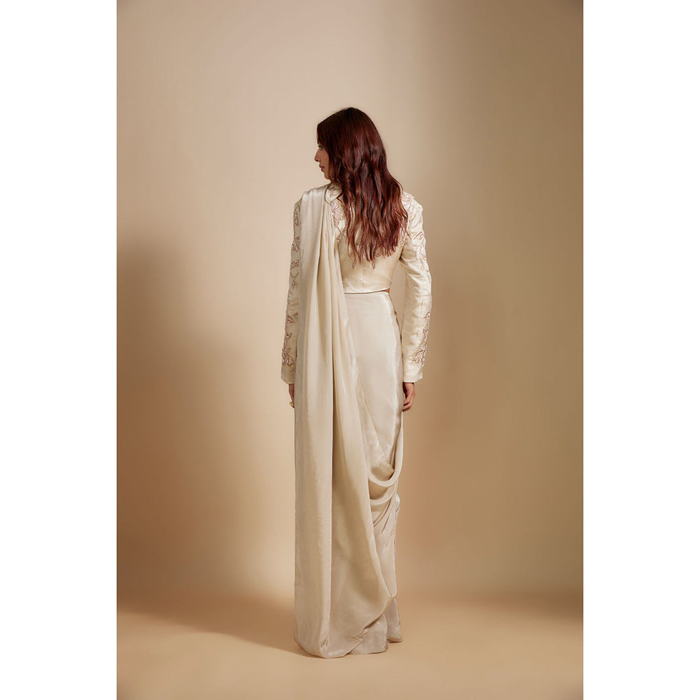 Masumi Mewawalla Beige Embroidered Pre Drape Saree with Stitched Blouse