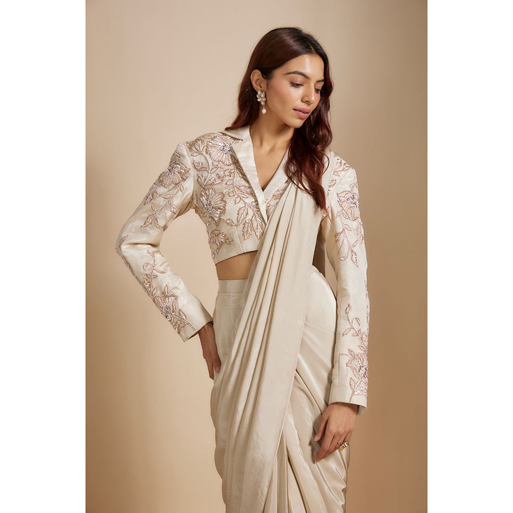 Masumi Mewawalla Beige Embroidered Pre Drape Saree with Stitched Blouse