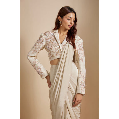 Masumi Mewawalla Beige Embroidered Pre Drape Saree with Stitched Blouse