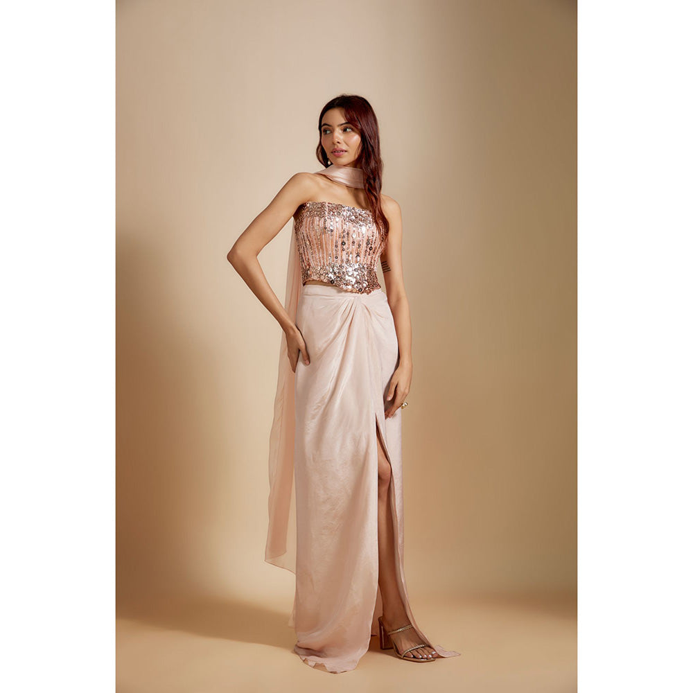 Masumi Mewawalla Peach Embroidered Corset Top with Skirt and Dupatta (Set of 3)