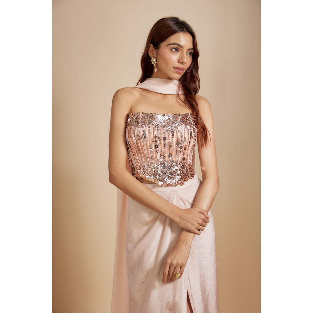 Masumi Mewawalla Peach Embroidered Corset Top with Skirt and Dupatta (Set of 3)