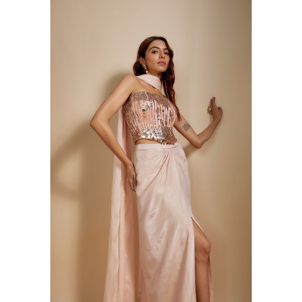 Masumi Mewawalla Peach Embroidered Corset Top with Skirt and Dupatta (Set of 3)
