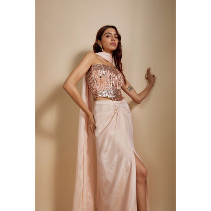 Masumi Mewawalla Peach Embroidered Corset Top with Skirt and Dupatta (Set of 3)