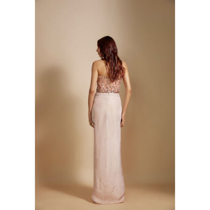 Masumi Mewawalla Peach Embroidered Corset Top with Skirt and Dupatta (Set of 3)