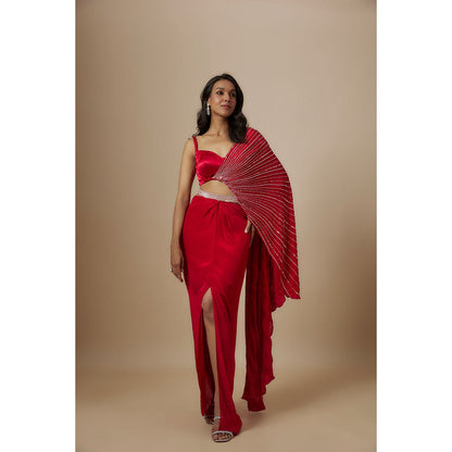 Masumi Mewawalla Red Skirt with Drape Blouse (Set of 2)