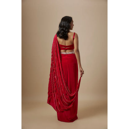 Masumi Mewawalla Red Skirt with Drape Blouse (Set of 2)