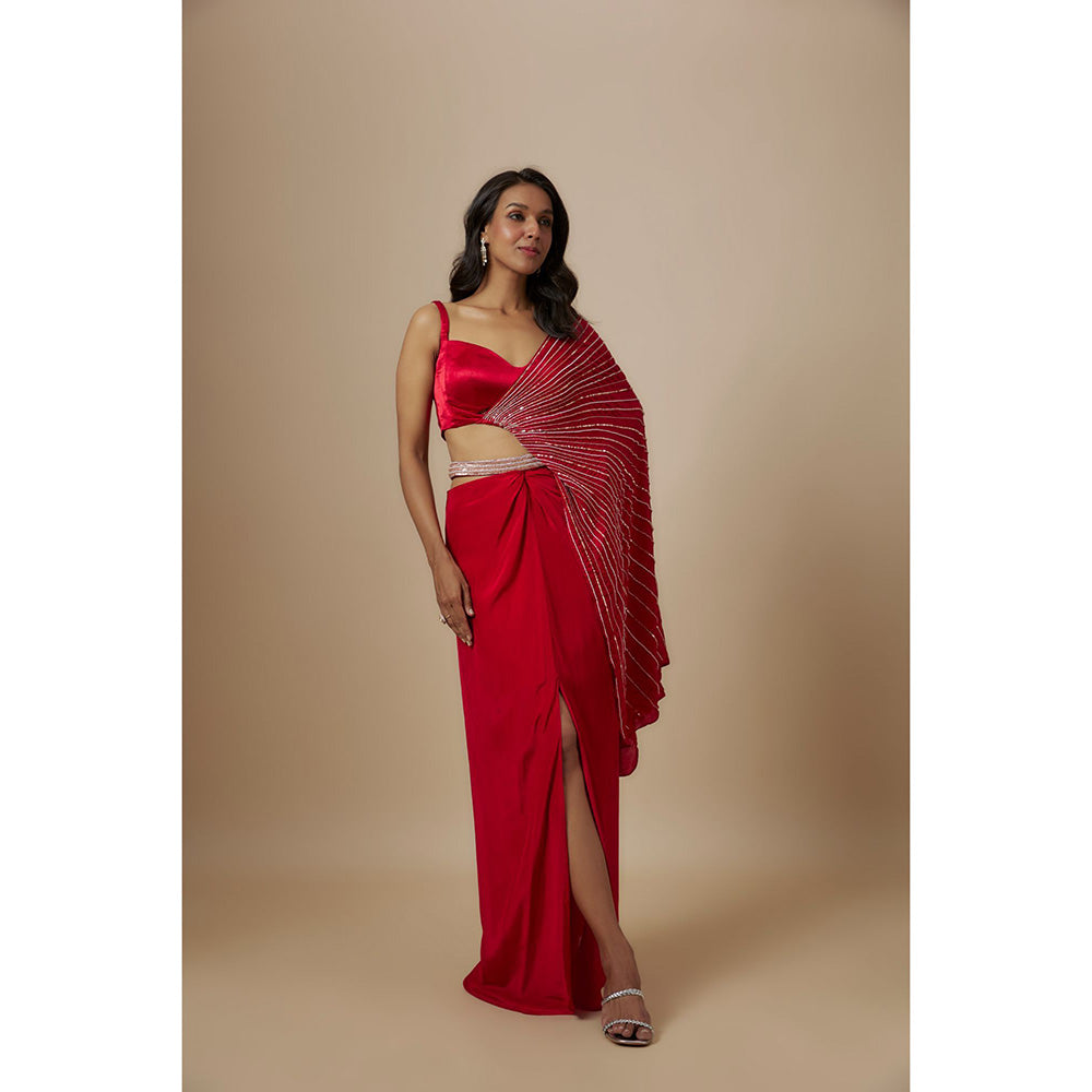 Masumi Mewawalla Red Skirt with Drape Blouse (Set of 2)