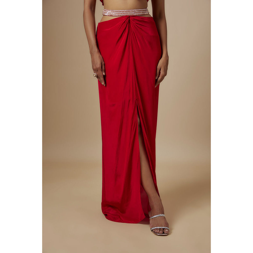 Masumi Mewawalla Red Skirt with Drape Blouse (Set of 2)