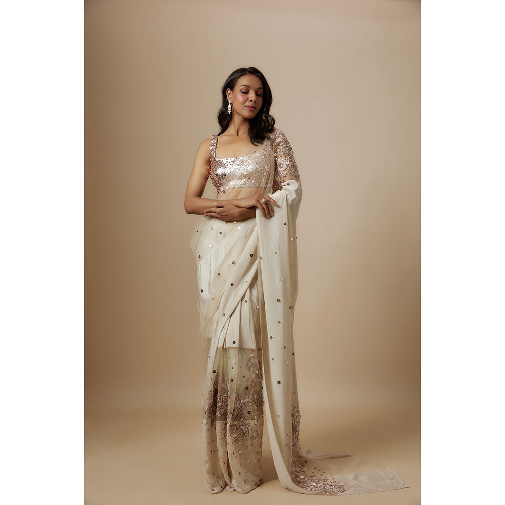 Masumi Mewawalla Beige Embroidered Pre Drape Saree with Stitched Blouse