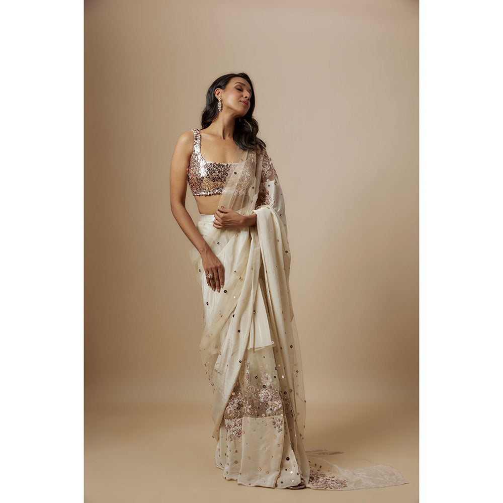 Masumi Mewawalla Beige Embroidered Pre Drape Saree with Stitched Blouse