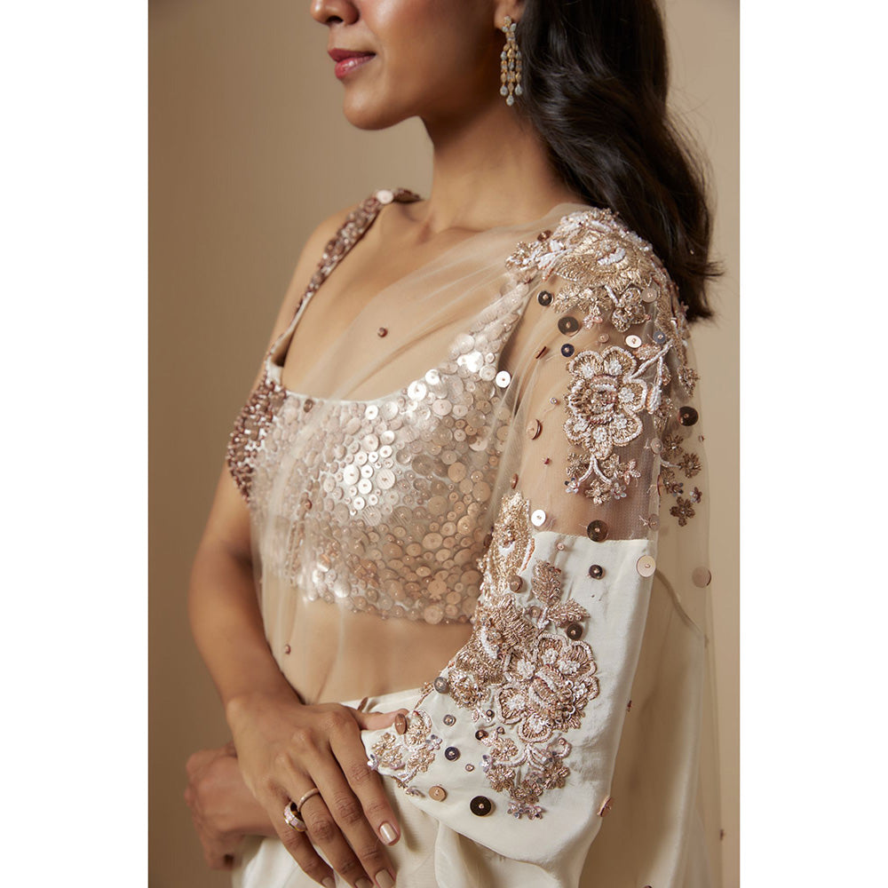 Masumi Mewawalla Beige Embroidered Pre Drape Saree with Stitched Blouse