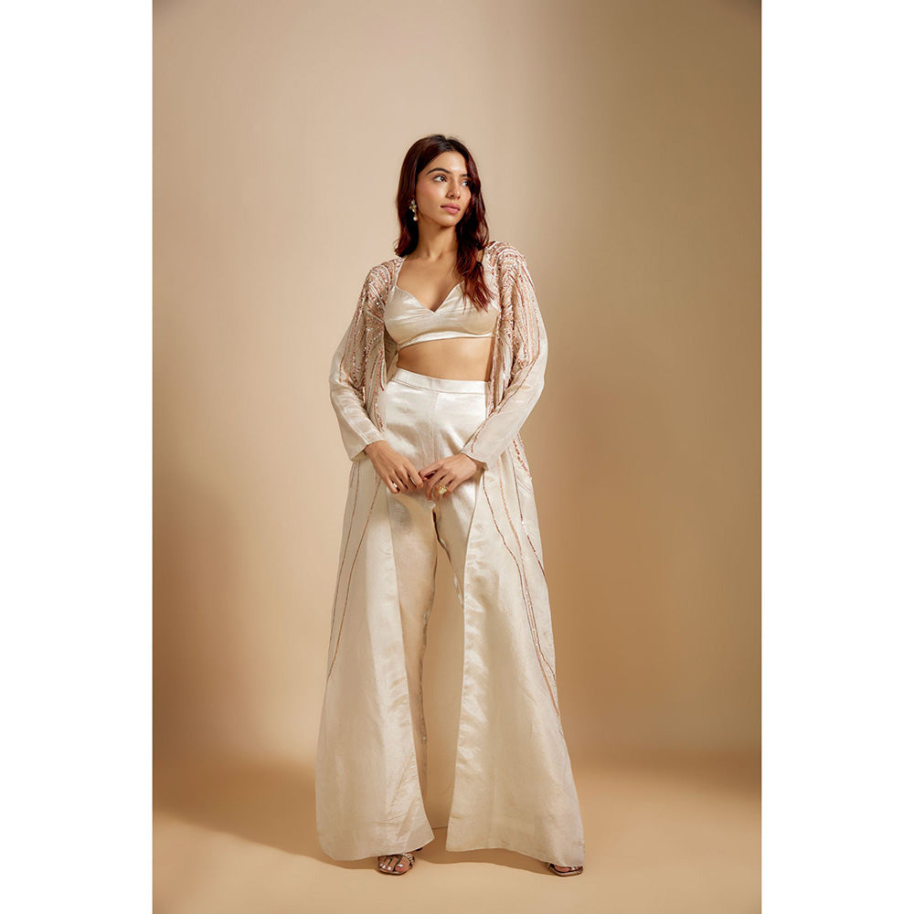 Masumi Mewawalla Beige Embroidered Jacket with Crop Top and Pant (Set of 3)