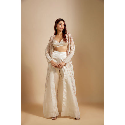 Masumi Mewawalla Beige Embroidered Jacket with Crop Top and Pant (Set of 3)